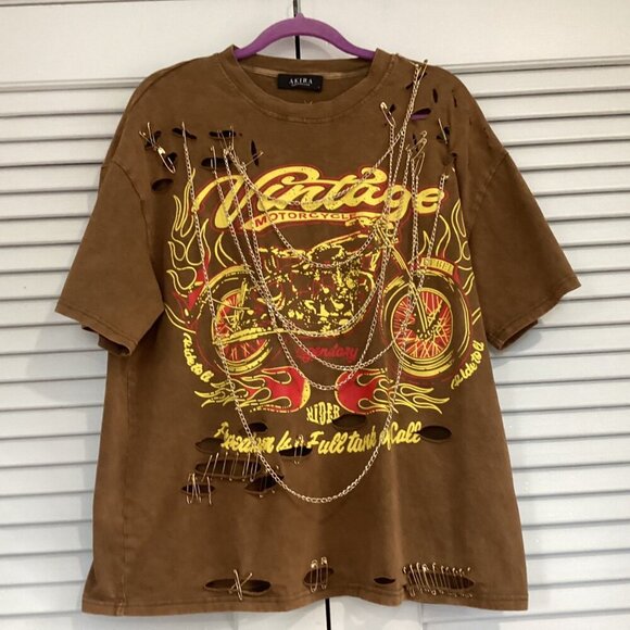 AKIRA Freedom Oversized Tee Size L Motorcycle Distressed Brown T-Shirt W/Chains - Picture 3 of 13